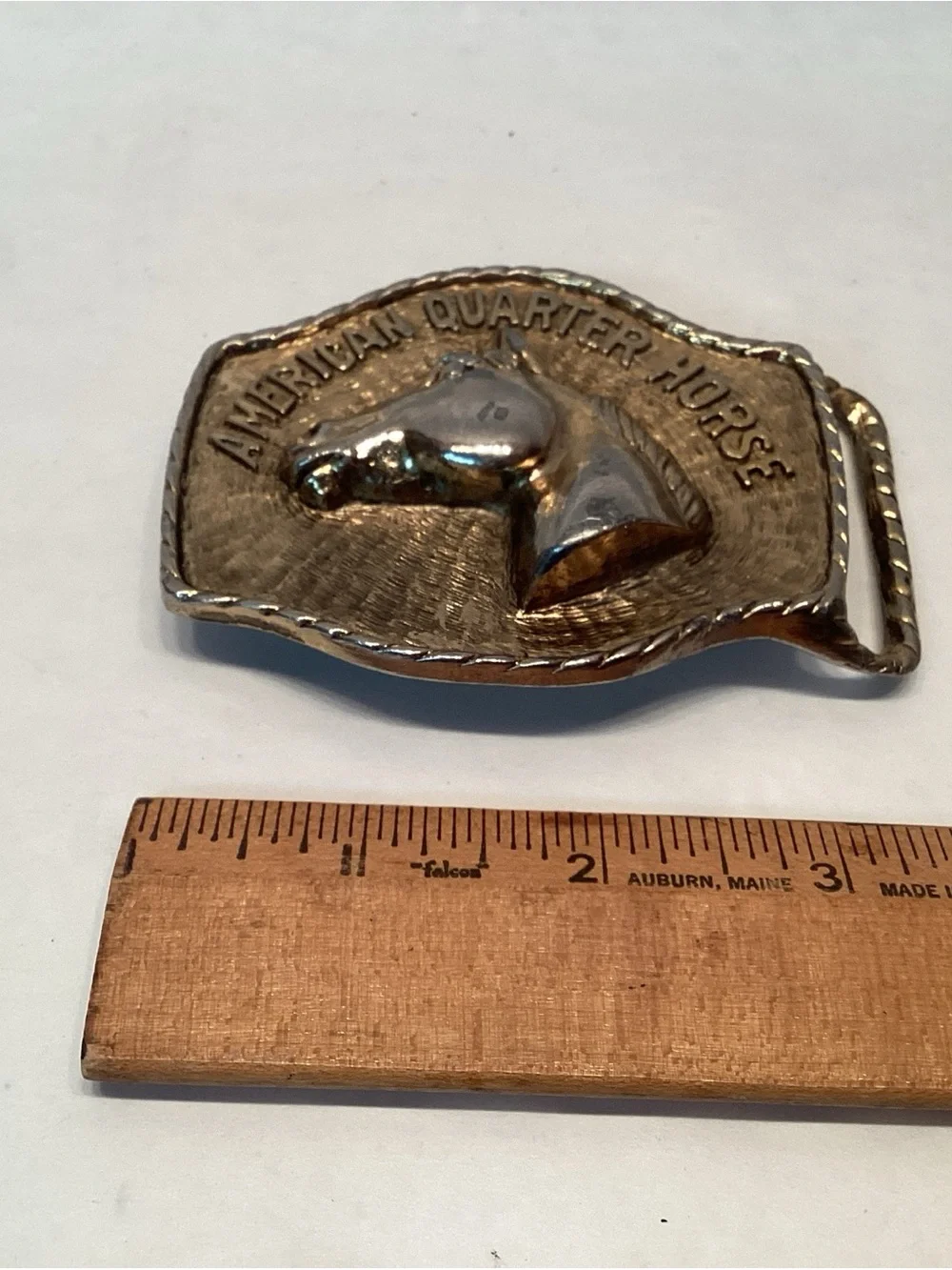Vintage American Quarter Horse Belt Buckle Gold Tone Brass JJJ Heavy Equestrian